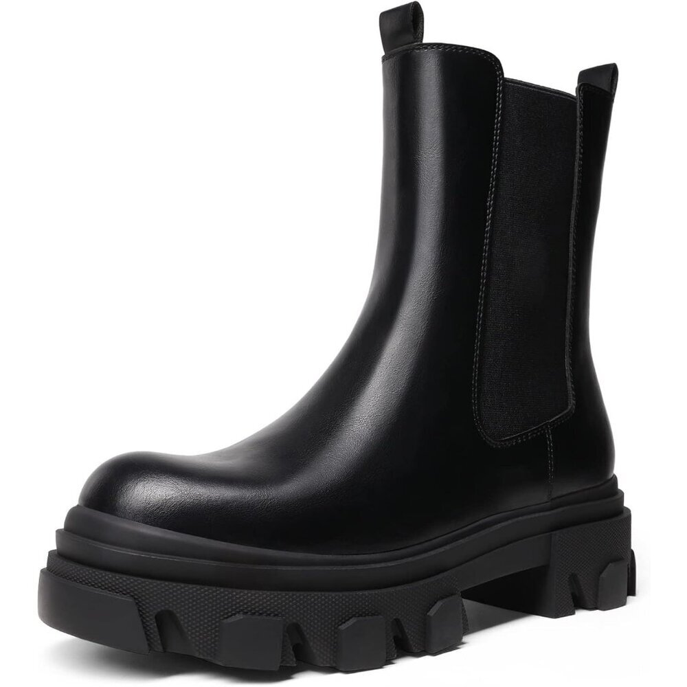 Women's Black PU Platform Chelsea Lug Sole Combat Mid Calf Slip On Ankle Boot - Picture 1 of 5